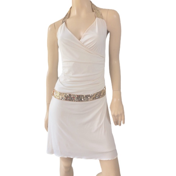 RAMPAGE GRECIAN GOLD HALTER WRAP SEQUIN DRESS - Picture 2 of 8